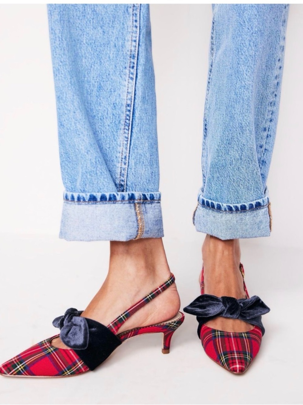 Boden Women's Plaid tartan Bow Kitten Heels Sz 37 EUC or U.S. 6.5-7